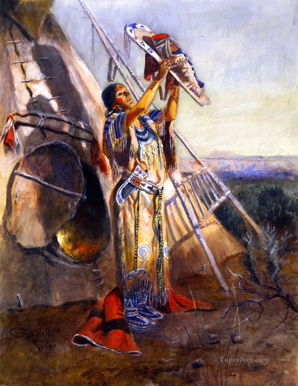 Adoración al sol en Montana 1907 Charles Marion Russell Pintura al óleo